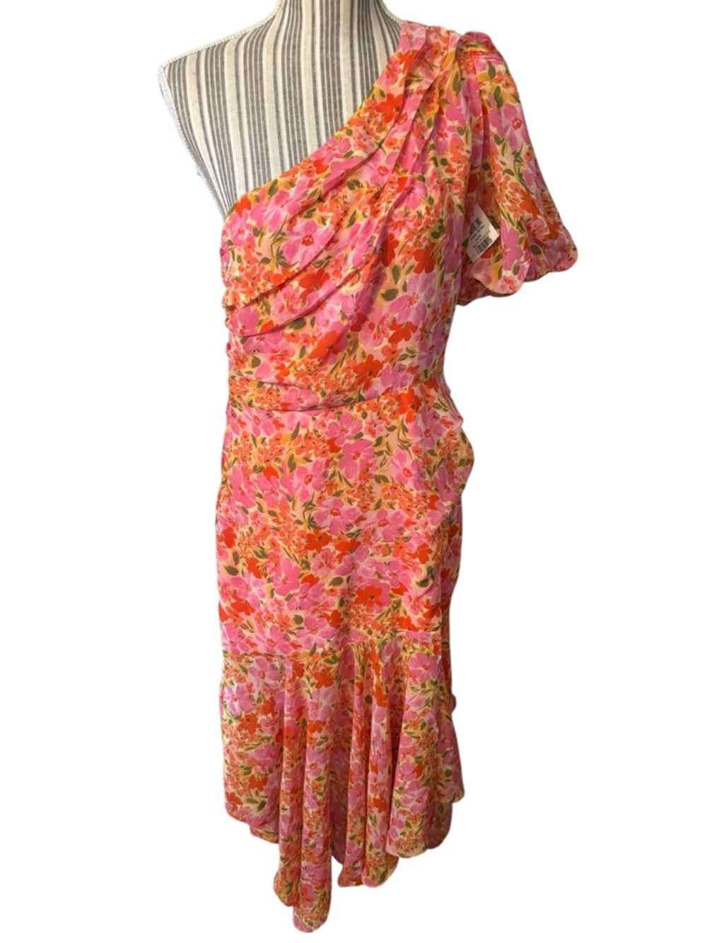 NEW ASTR Dress Large Santorini 1-Shoulder Floral Midi Chiffon Pink Orange Flowy - Picture 2 of 16